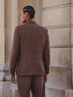 Bruin/rood - Slim fit wolmix geruit pak: jack