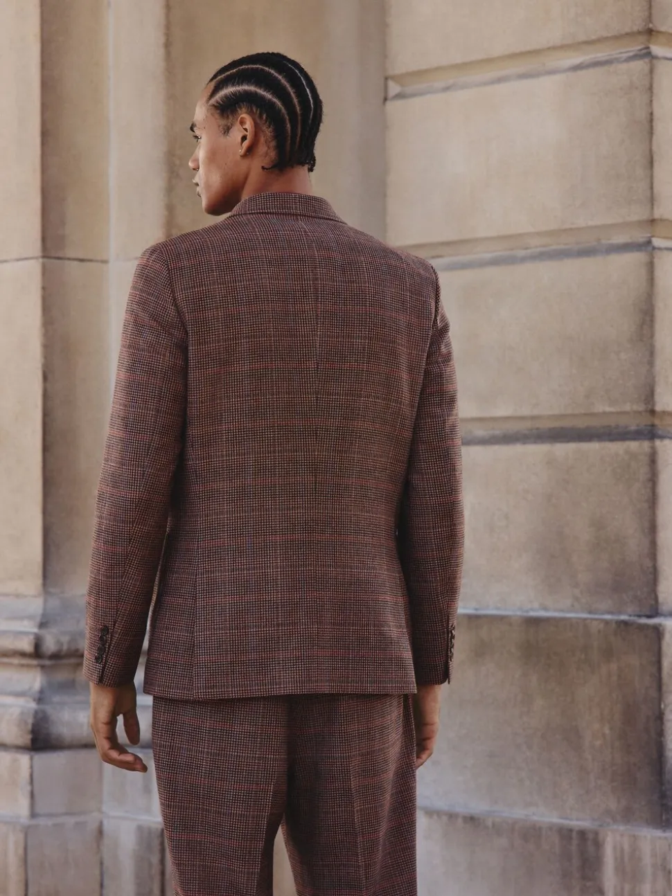 Bruin/rood - Slim fit wolmix geruit pak: jack