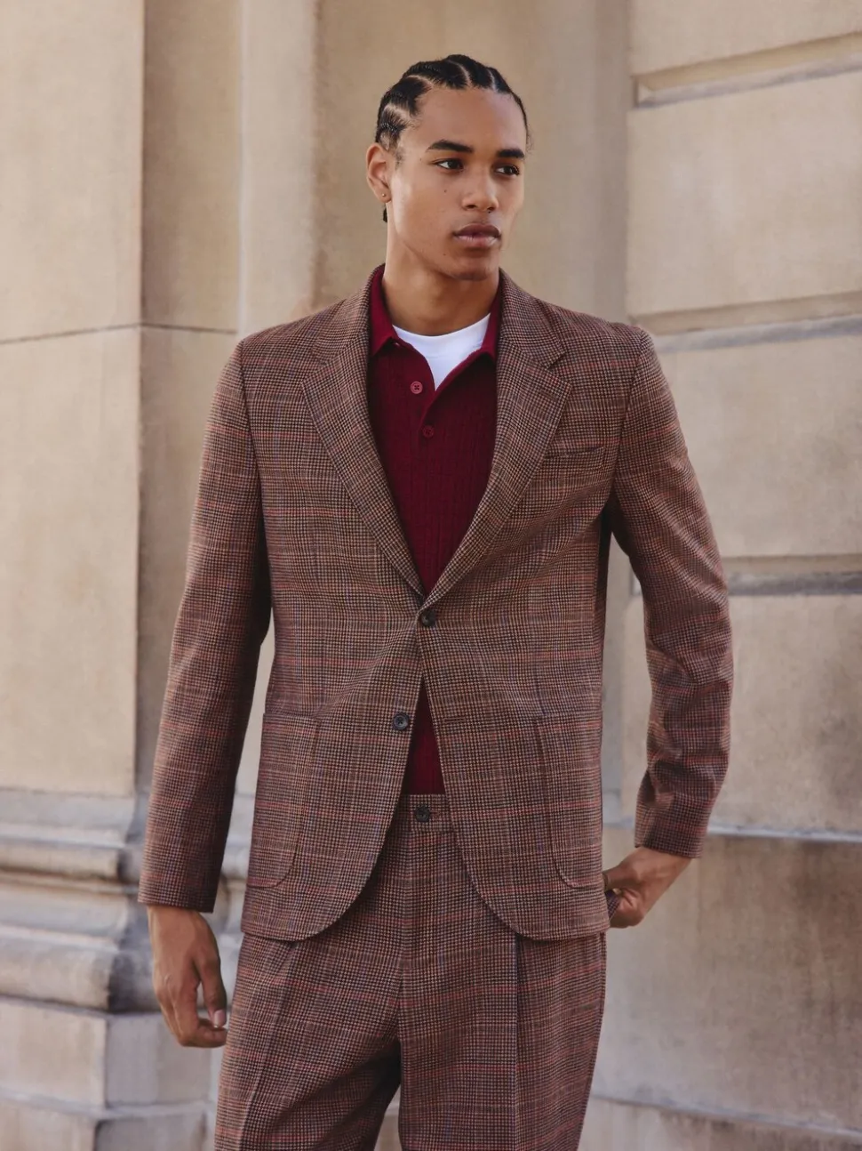 Bruin/rood - Slim fit wolmix geruit pak: jack