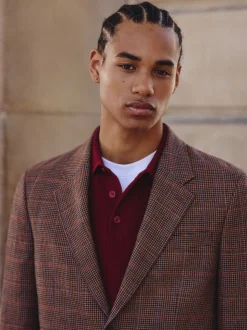 Bruin/rood - Slim fit wolmix geruit pak: jack