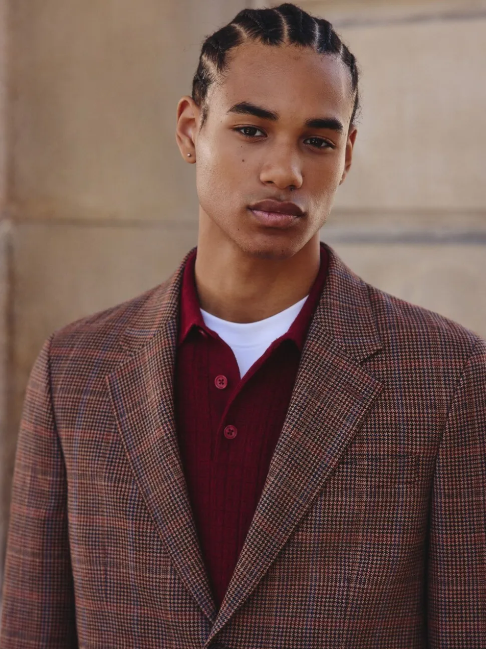 Bruin/rood - Slim fit wolmix geruit pak: jack