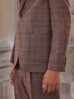 Bruin/rood - Slim fit wolmix geruit pak: jack