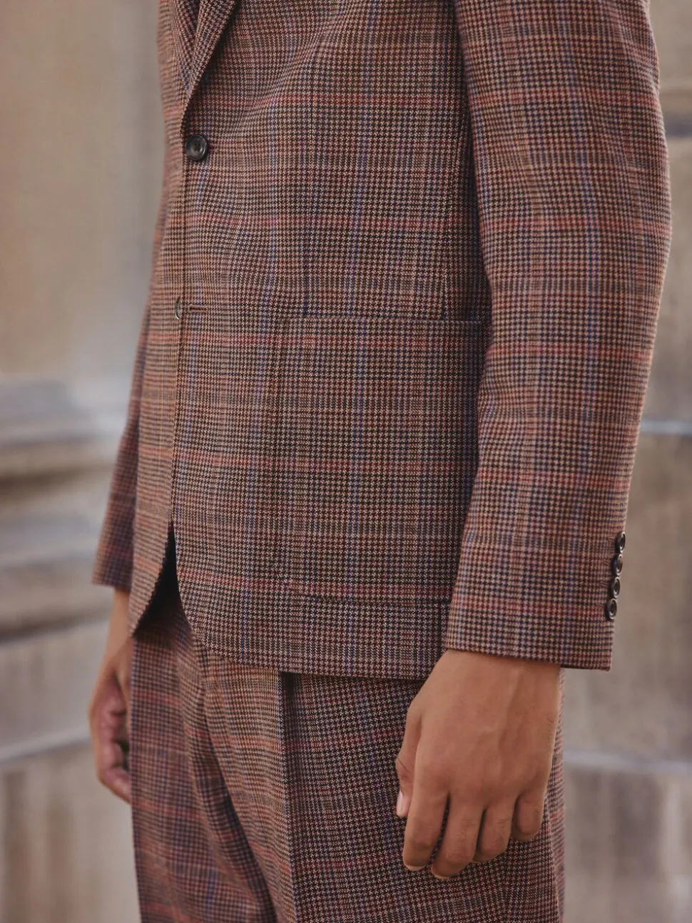 Bruin/rood - Slim fit wolmix geruit pak: jack