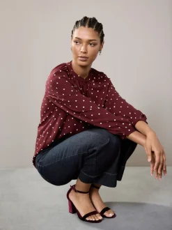Burgundy Red Polka Dot - Blouse met V-hals en lange mouwen
