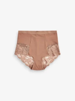 Caramel-nude - Verpakking van 2 Braziliaanse slipjes met kanten achterkant en buikcorrigerend effect en print