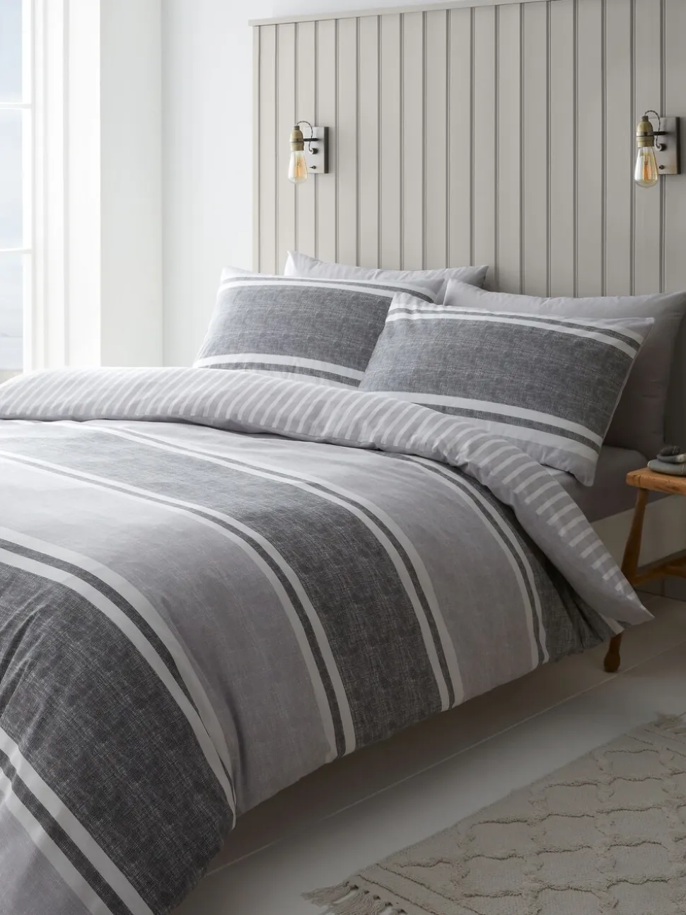 Catherine Lansfield Textured Banded Stripe Reversible Duvet Cover Set