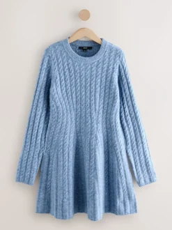 Chambray blauw - Mini-trui-jurk met kabelpatroon