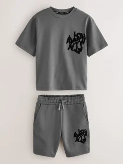 Charcoal Grey/Flocked - smALLSAINTS Orlando T-Shirt and Sweat Shorts Set