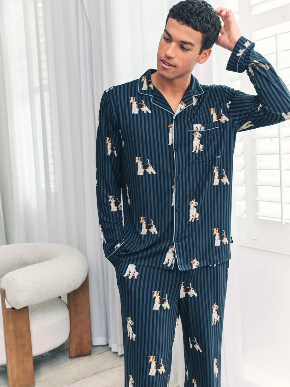 Chelsea Peers Terrier Dog Stripe Print Long Pyjamas Set