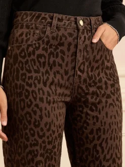 Chocolade Bruin Luipaard Print met fluweel - Love & Roses cropped jeans met wijde pijpen