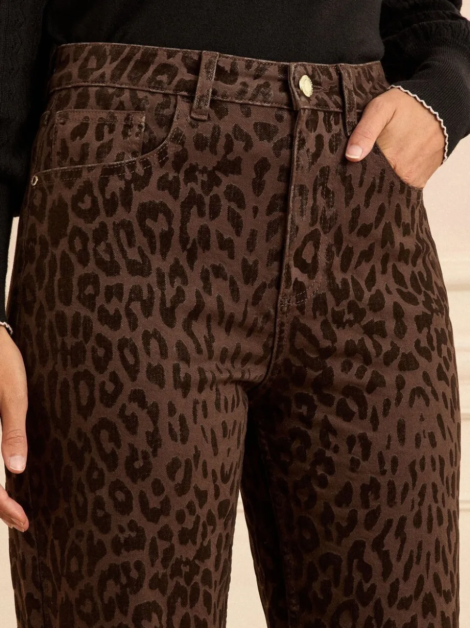 Chocolade Bruin Luipaard Print met fluweel - Love & Roses cropped jeans met wijde pijpen