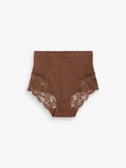 Chocolade nude - Verpakking van 2 Braziliaanse slipjes met kanten achterkant en buikcorrigerend effect en print