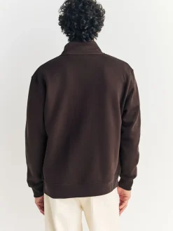 Chocoladebruin - Cotton Rich Jersey Full Zip Funnel Neck Sweatshirt