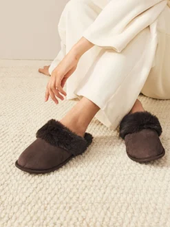 Chocoladebruin - Faux Fur Suede Mule Slippers