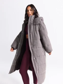 Chocoladebruin - Long Padded Check Longline Coat