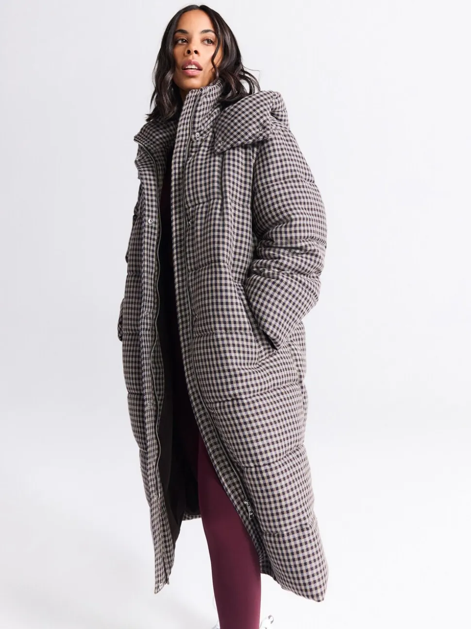 Chocoladebruin - Long Padded Check Longline Coat