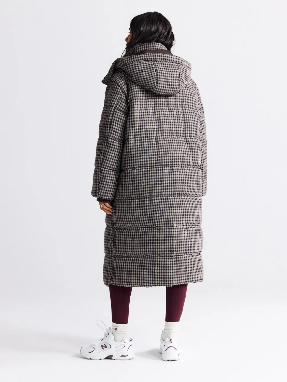 Chocoladebruin - Long Padded Check Longline Coat