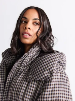 Chocoladebruin - Long Padded Check Longline Coat