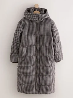 Chocoladebruin - Long Padded Check Longline Coat
