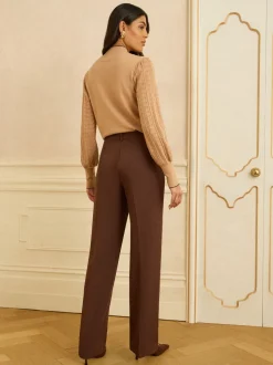 Chocoladebruin - Love & Roses broek met wijde pijpen