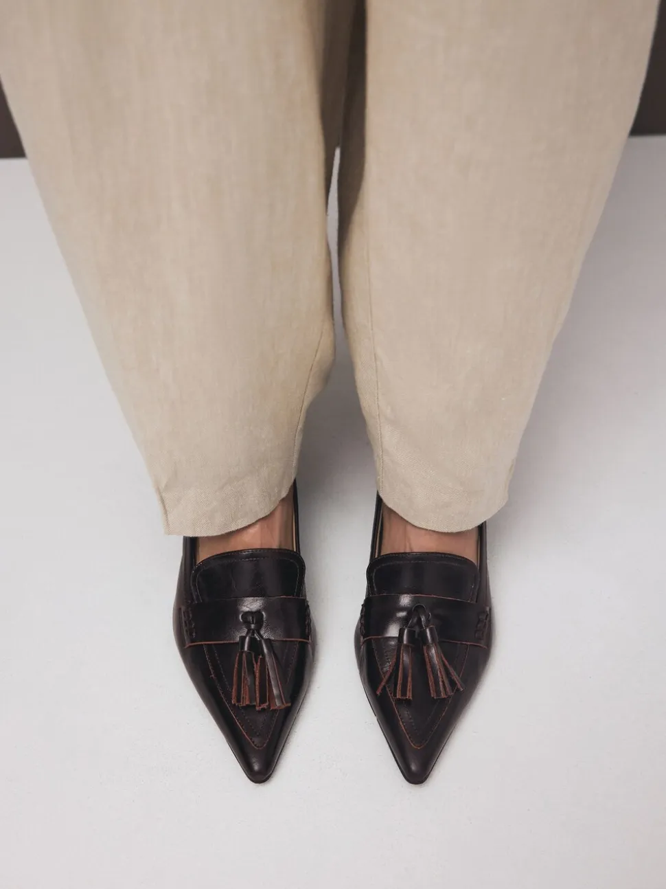 Chocoladebruin - Premium Leather With Motionflex Point Toe Tassel Heels Loafers