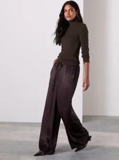 Chocoladebruin - Satin Tie Waist Wide Leg Trousers