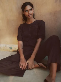 Chocoladebruin - Smart Front Linen Blend Wide Leg Trousers