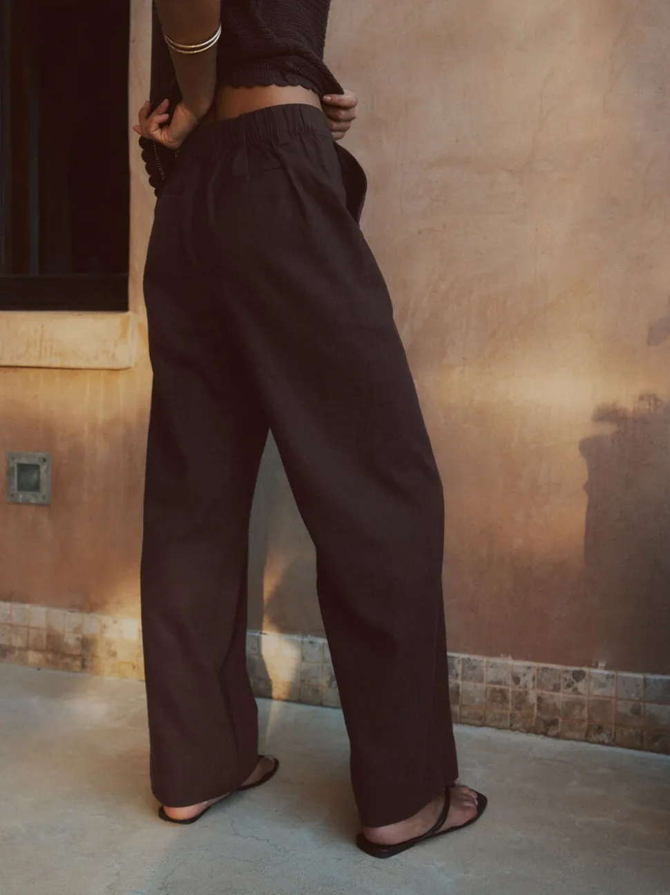 Chocoladebruin - Smart Front Linen Blend Wide Leg Trousers