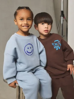 Chocoladebruin en blauw - Printed Crew Neck Sweat Top & Joggers Set (3mths-7yrs)