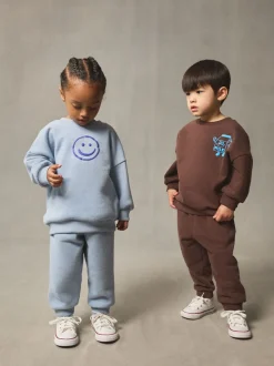 Chocoladebruin en blauw - Printed Crew Neck Sweat Top & Joggers Set (3mths-7yrs)