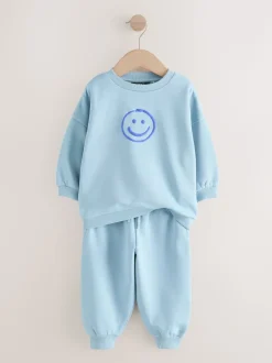 Chocoladebruin en blauw - Printed Crew Neck Sweat Top & Joggers Set (3mths-7yrs)