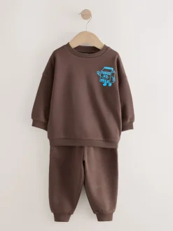 Chocoladebruin en blauw - Printed Crew Neck Sweat Top & Joggers Set (3mths-7yrs)