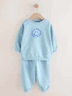 Chocoladebruin en blauw - Printed Crew Neck Sweat Top & Joggers Set (3mths-7yrs)