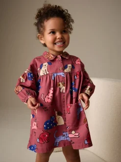 Chocoladebruin met karakteristieke print - Long Sleeve Cotton Dress (3mths-8yrs)