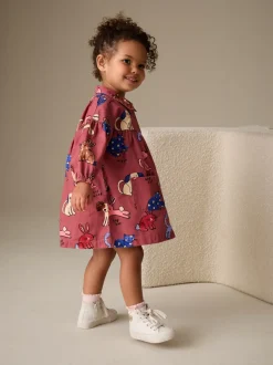 Chocoladebruin met karakteristieke print - Long Sleeve Cotton Dress (3mths-8yrs)
