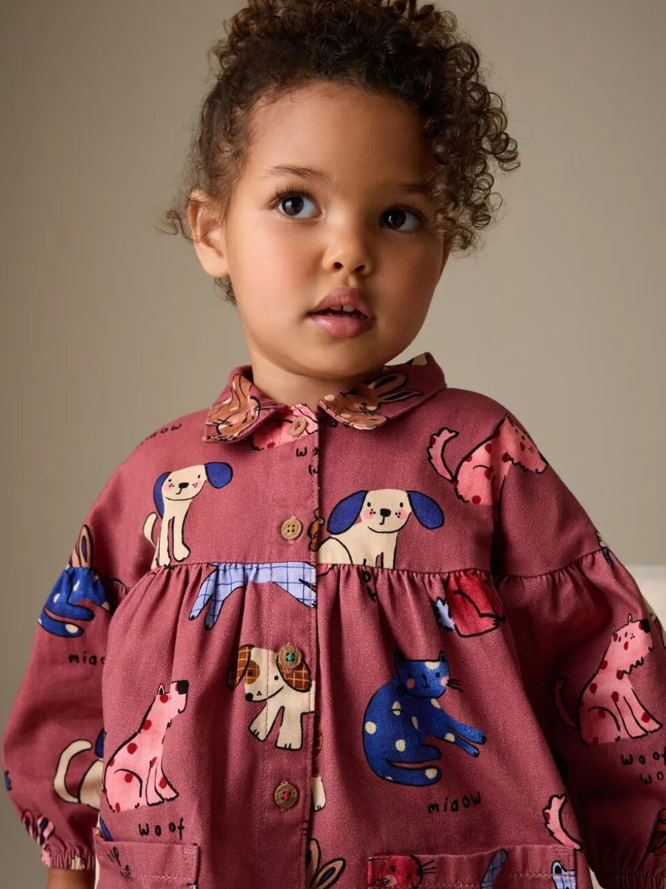 Chocoladebruin met karakteristieke print - Long Sleeve Cotton Dress (3mths-8yrs)