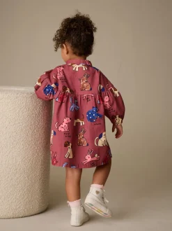 Chocoladebruin met karakteristieke print - Long Sleeve Cotton Dress (3mths-8yrs)