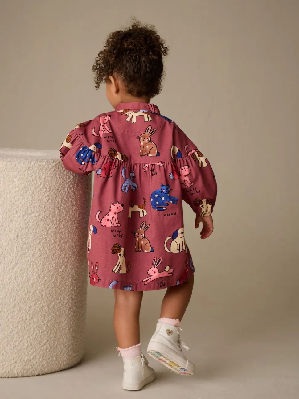 Chocoladebruin met karakteristieke print - Long Sleeve Cotton Dress (3mths-8yrs)