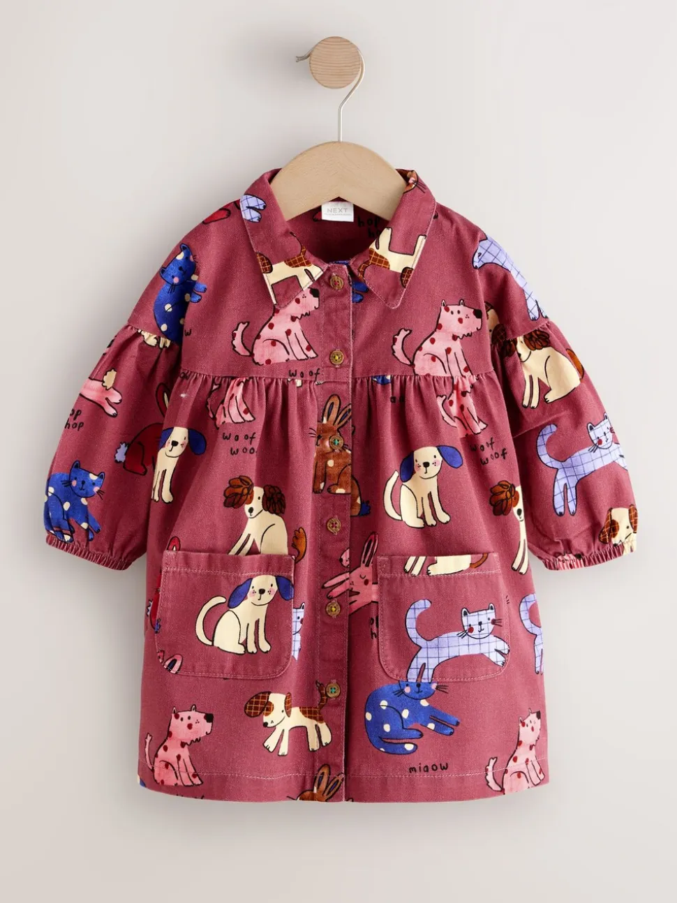 Chocoladebruin met karakteristieke print - Long Sleeve Cotton Dress (3mths-8yrs)