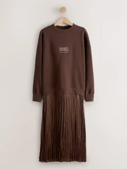 Chocoladebruine borduurwerk - 2-In-1 Sweatshirt met Satijnen Midi Rok