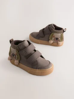 Chocoladekleurig met hondenprint - Hoge schoenen met klittenbandsluiting