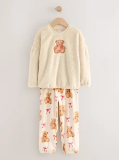 Cream Bear Applique - Fleece Pyjamas Set (12mths-16yrs)