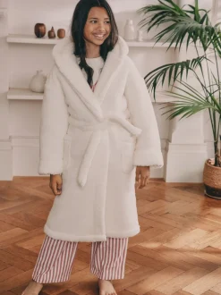 Crème - Badjas van teddyfleece met langere lengte (5-16jr)