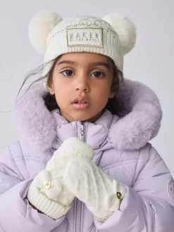 Crème - Baker By Ted Baker - Set van muts met dubbele pompon en oren en wanten voor meisjes