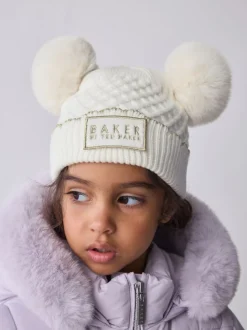 Crème - Baker By Ted Baker - Set van muts met dubbele pompon en oren en wanten voor meisjes