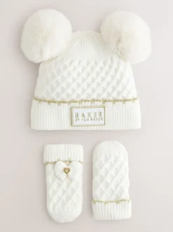 Crème - Baker By Ted Baker - Set van muts met dubbele pompon en oren en wanten voor meisjes
