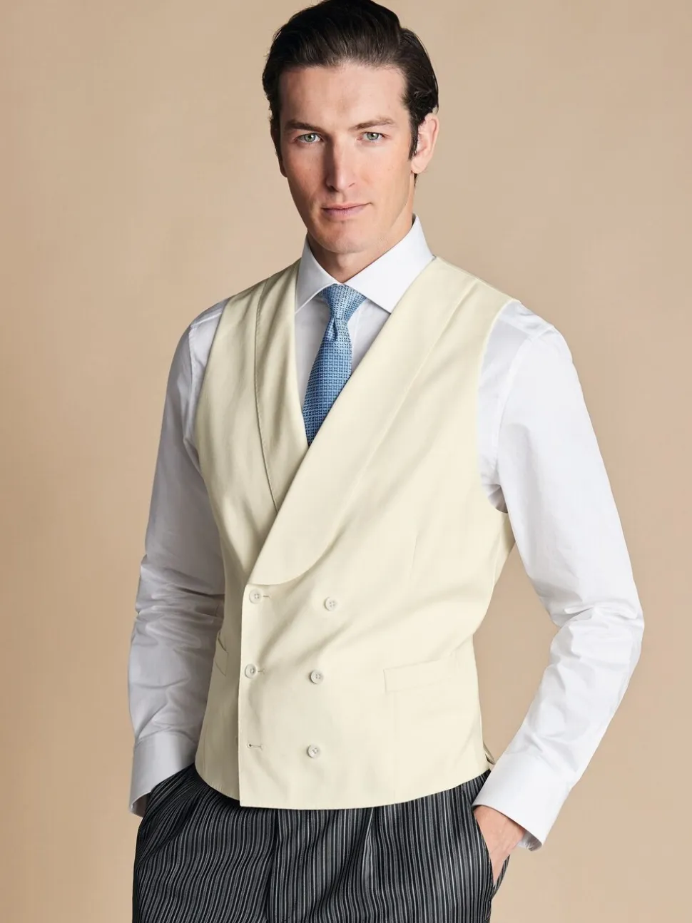 Crème - Charles Tyrwhitt Morning V2 kostuum met verstelbare pasvorm: herenvest
