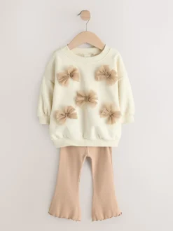 Crème - Set van sweatshirt met strik en uitlopende legging (3mnd-7jr)