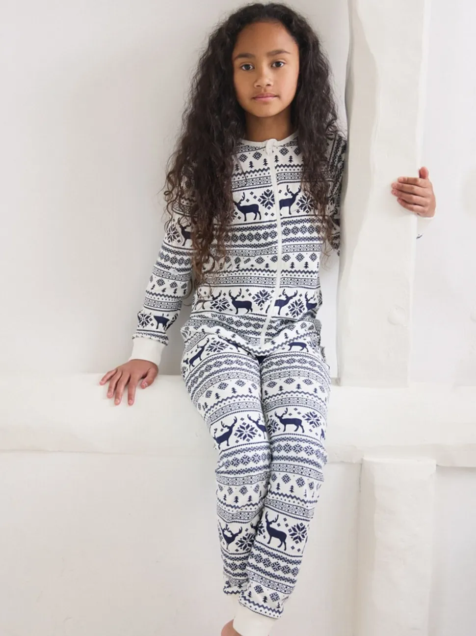 Crème - The Little Tailor Kids Rendier kerstmis fair isle-patroon 100% katoen alles-in-één