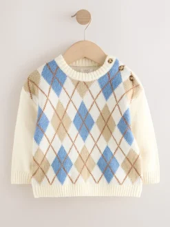 Crème argylepatroon - Gebreide katoenen trui met ronde hals (3mnd -7jr)